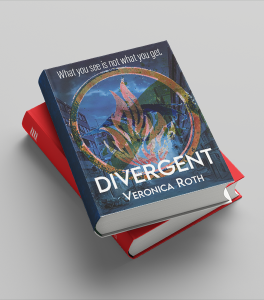 This image depicts the same image as what is on the left, but it is a panned out image of a stack of books with the Divergent novel with the new cover on top.