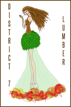 Image shows a costume for female tribute of District Seven, which deals in lumber. Her bodice is light and dark brown representing the bark of the three, with whorls that you can usually see on them. Her main mini skirt is made of green leaves that are so commonly found in main species of the trees and some shrubbery. Then there is a long train of sheer, almost see-through light green fabric, signifying air. On the bottom of the train is a mish-mash of yellow, red, orange and brown fabrics, representing fallen autumn leaves.